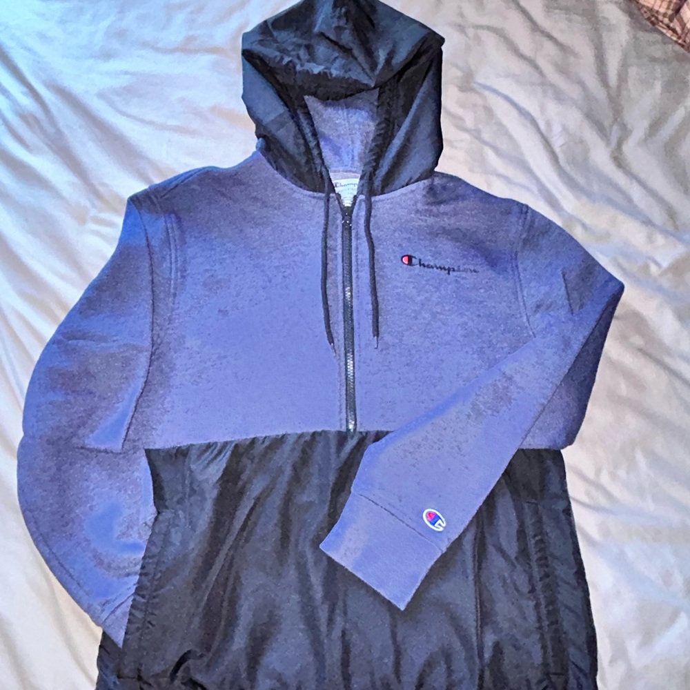 Champion Black and Blue Windbreaker with Hood and Half-Zip